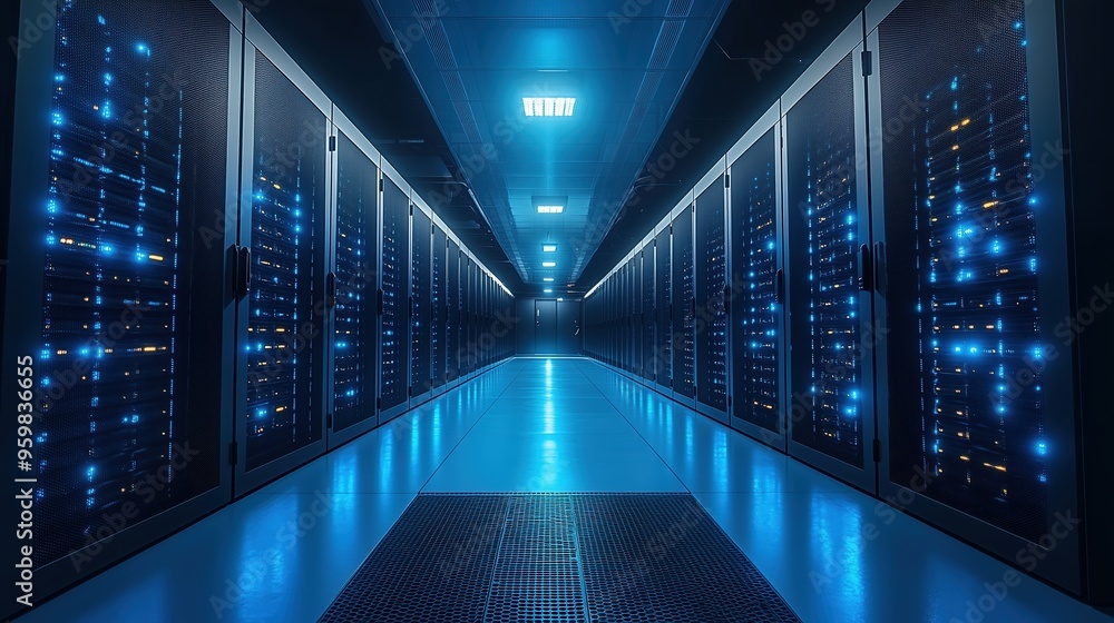 A high-tech data center with rows of server racks illuminated by blue LED lights, representing advanced digital infrastructure and cloud computing for AI. A high-tech data center with rows of server racks illuminated by blue LED lights, representing advanced digital infrastructure and cloud computing for AI.