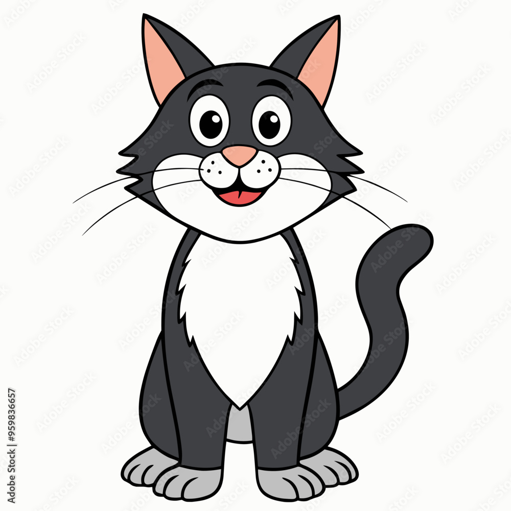 Fototapeta premium Happy cartoon cat character with a big smile on a white background