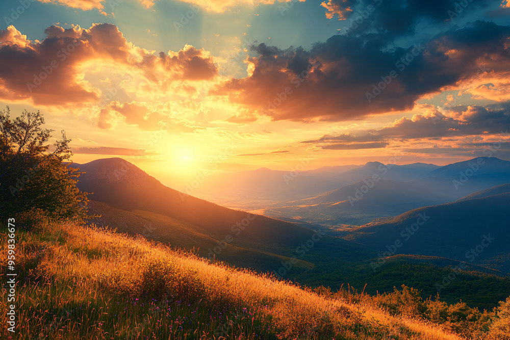 golden sunrise illuminates the hillside casting light over glowing grass and fading distant hills under scattered clouds golden sunrise illuminates the hillside casting light over glowing grass and fading distant hills under scattered clouds