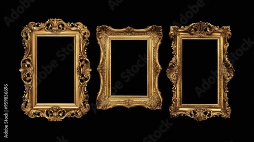 Three ornate gold frames arranged elegantly on a black background, perfect for showcasing artwork or photographs.