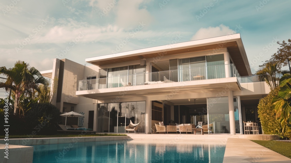 Obraz premium A luxurious modern house featuring sleek architecture, expansive glass windows, and a pristine pool, exuding elegance and sophistication.