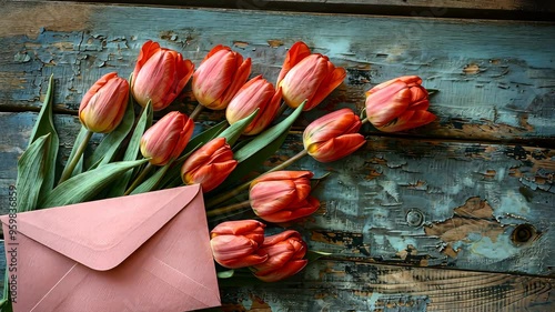 Bouquet of orange tulips with pink envelope on rustic wooden table
