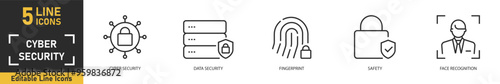 Cyber Security line icon set. Set of 5 outline icons related to cyber security, data security, fingerprint, safety, face recognition and more. Vector illustration.