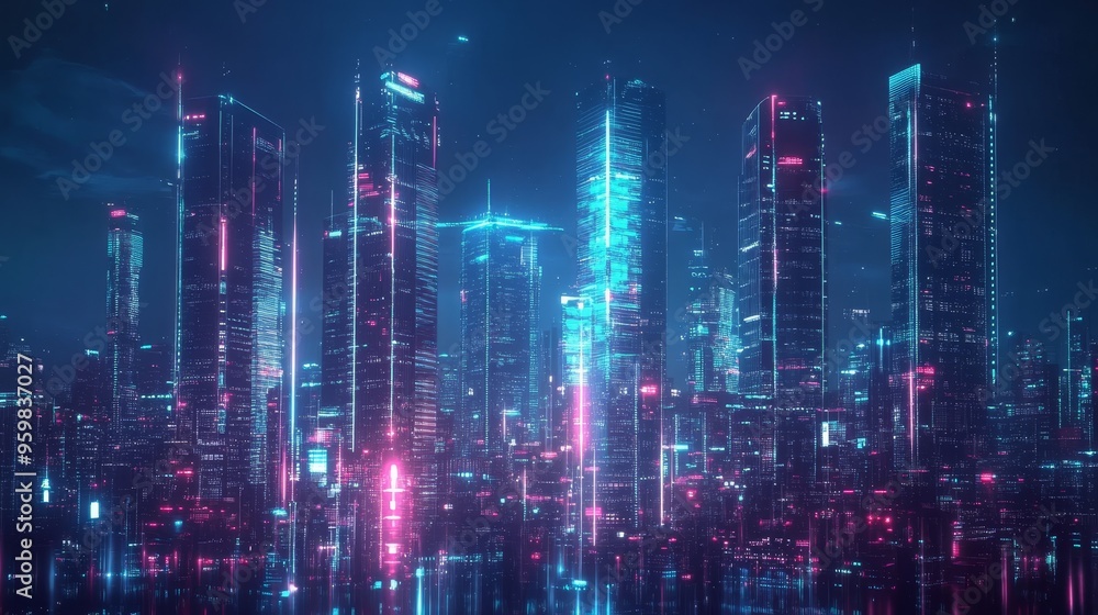 Fototapeta premium A futuristic cityscape illuminated by neon lights, showcasing towering skyscrapers and advanced technology in a vibrant digital atmosphere.