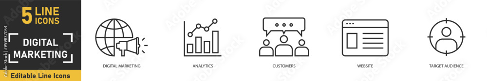 Digital Marketing line icon set. Set of 5 outline icons related to digital marketing, analytics, customers, website, target audience and more. Vector illustration. Digital Marketing line icon set. Set of 5 outline icons related to digital marketing, analytics, customers, website, target audience and more. Vector illustration.