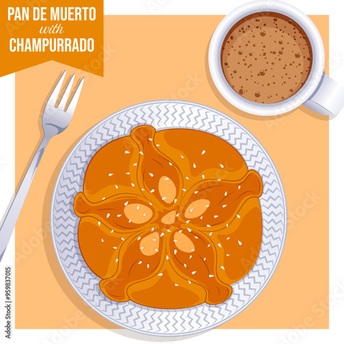 Pan De Muerto with Champurrado Top View - Bread of the Dead with Mexican Hot Chocolate - Day of the Dead Food Art 