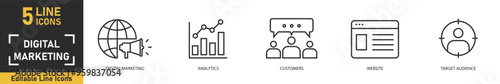 Digital Marketing line icon set. Set of 5 outline icons related to digital marketing, analytics, customers, website, target audience and more. Vector illustration.