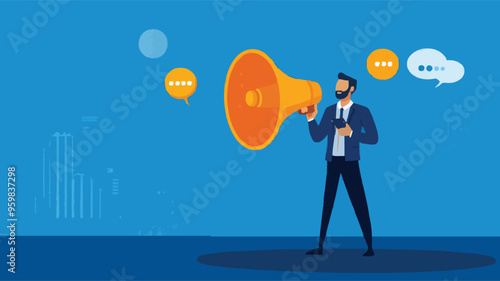 Communication or PR, Public Relations manager to communicate company information and media, announce sales or promotion concept, businessman holding speech bubble balloons while talking on megaphone.