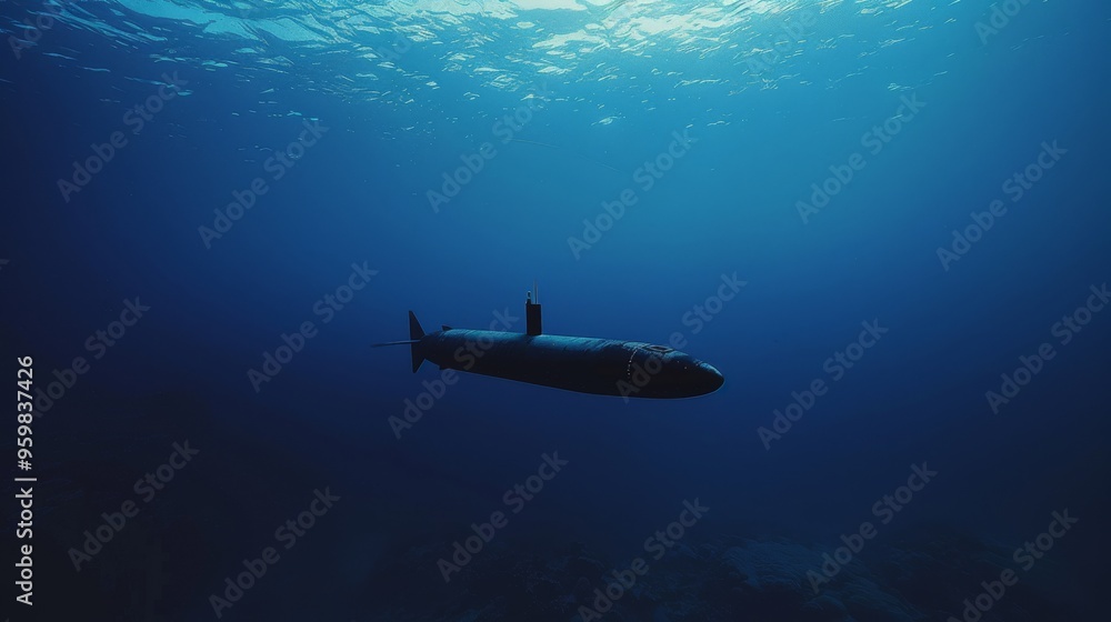 A dark silhouette of a submarine navigates deep blue, tranquil underwater terrain, exuding mystery and exploration. A dark silhouette of a submarine navigates deep blue, tranquil underwater terrain, exuding mystery and exploration.