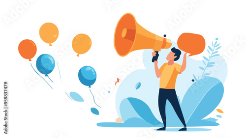 Communication or PR, Public Relations manager to communicate company information and media, announce sales or promotion concept, businessman holding speech bubble balloons while talking on megaphone.