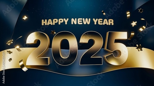 Happy New Year 2025 in Bold 3D with Christmas Trees on a Dark Background