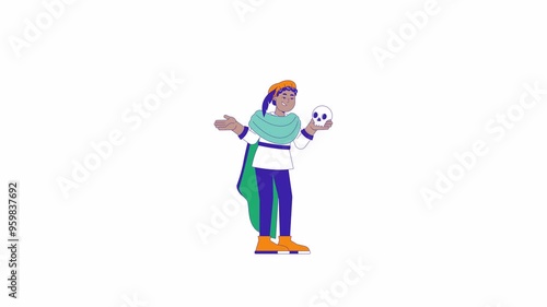African american theatre kid declamation 2D character animation. Young actor Shakespeare play cartoon 4K video, alpha channel. Black boy performing Hamlet holding skull animated person on white