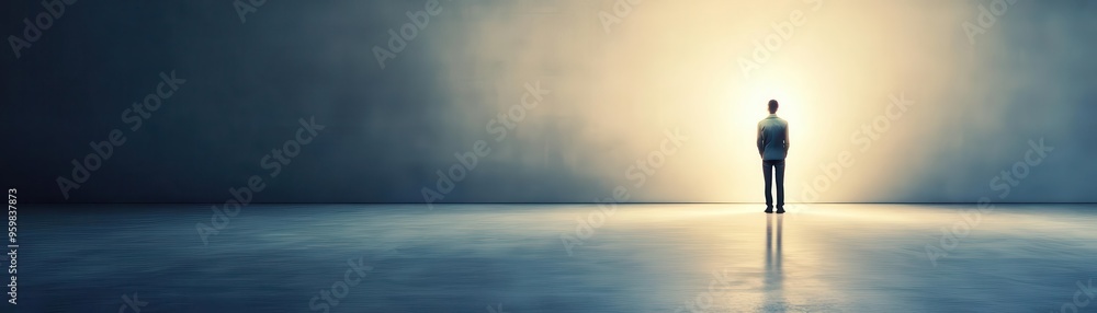 A solitary figure stands illuminated in a vast, empty space, representing contemplation, isolation, and introspection. A solitary figure stands illuminated in a vast, empty space, representing contemplation, isolation, and introspection.