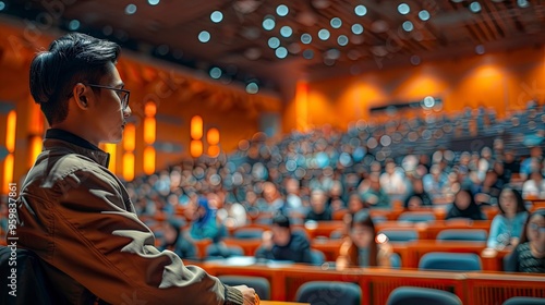 ultra long shot of a young indonesian grad student confidently presenting in a stage in front of a diverse audience, in a university or international conference setting, generative ai. 