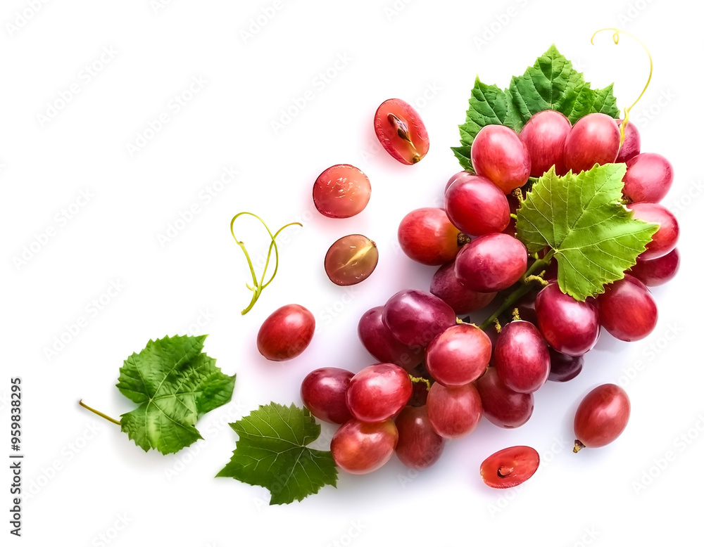 Red grapes with green leaves with slices and green leaves isolated on white background. Red grapes with green leaves with slices and green leaves isolated on white background.