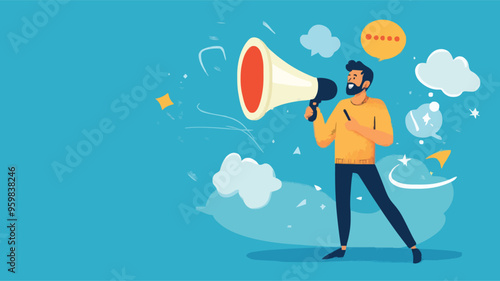 Communication or PR, Public Relations manager to communicate company information and media, announce sales or promotion concept, businessman holding speech bubble balloons while talking on megaphone.