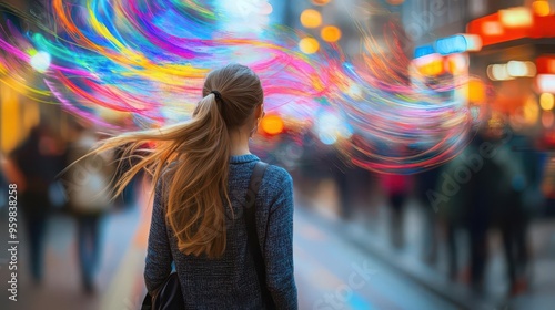 A woman stands in a vibrant city street, her hair flowing with colorful swirls, embodying the energy of urban life.