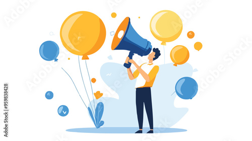 Communication or PR, Public Relations manager to communicate company information and media, announce sales or promotion concept, businessman holding speech bubble balloons while talking on megaphone.