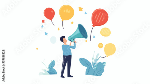 Communication or PR, Public Relations manager to communicate company information and media, announce sales or promotion concept, businessman holding speech bubble balloons while talking on megaphone.