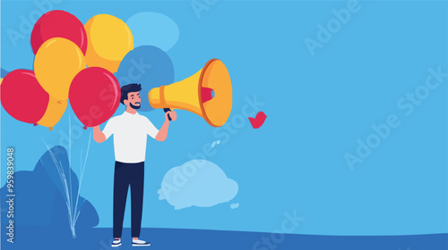 Communication or PR, Public Relations manager to communicate company information and media, announce sales or promotion concept, businessman holding speech bubble balloons while talking on megaphone.