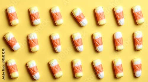 Halloween candy corn arranged neatly in a pattern, ultra-sharp focus, solid yellow background