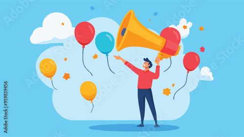 Communication or PR, Public Relations manager to communicate company information and media, announce sales or promotion concept, businessman holding speech bubble balloons while talking on megaphone.