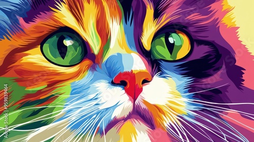 Colorful close-up of a cat's face, showcasing vivid hues and intricate details in its expressive green eyes. photo