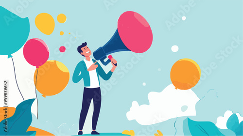 Communication or PR, Public Relations manager to communicate company information and media, announce sales or promotion concept, businessman holding speech bubble balloons while talking on megaphone.