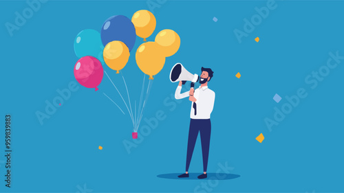 Communication or PR, Public Relations manager to communicate company information and media, announce sales or promotion concept, businessman holding speech bubble balloons while talking on megaphone.