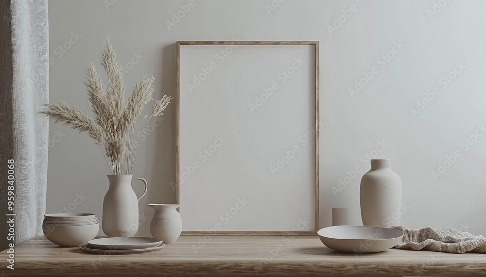 Minimalist Home Decor with Wooden Table and White Frame. Minimalist Home Decor with Wooden Table and White Frame.