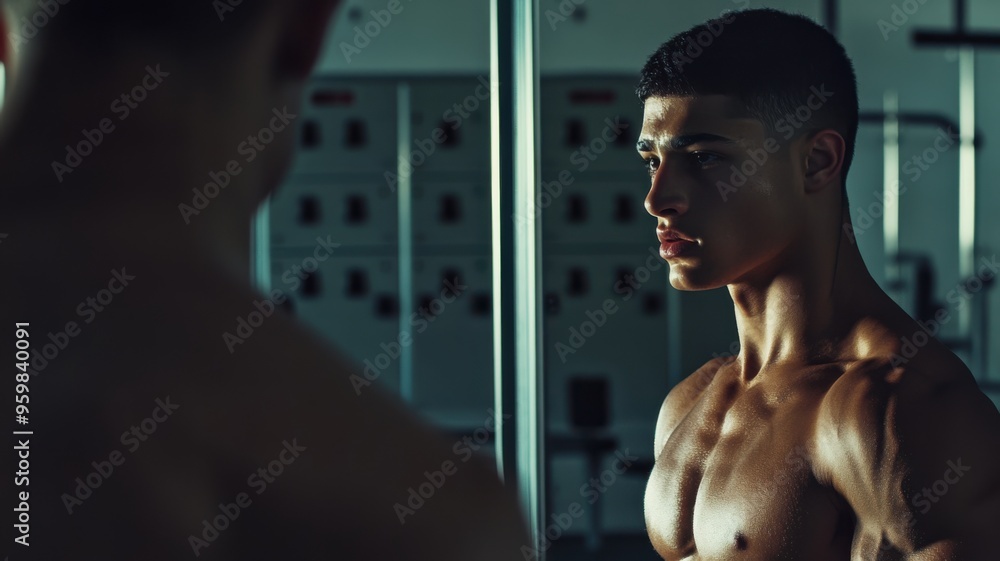 Young man with olive skin inspecting his jawline in a gym mirror, shirtless and serious expression, lockers in the background Young man with olive skin inspecting his jawline in a gym mirror, shirtless and serious expression, lockers in the background