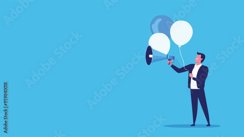 Communication or PR, Public Relations manager to communicate company information and media, announce sales or promotion concept, businessman holding speech bubble balloons while talking on megaphone.