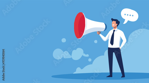 Communication or PR, Public Relations manager to communicate company information and media, announce sales or promotion concept, businessman holding speech bubble balloons while talking on megaphone.