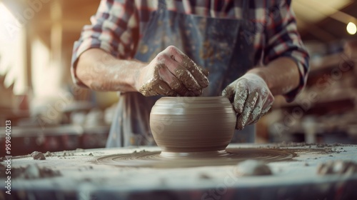 A focused potter molds clay on a spinning wheel, surrounded by a warm, sunlit studio, embodying the art of traditional pottery making. photo