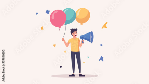 Communication or PR, Public Relations manager to communicate company information and media, announce sales or promotion concept, businessman holding speech bubble balloons while talking on megaphone.