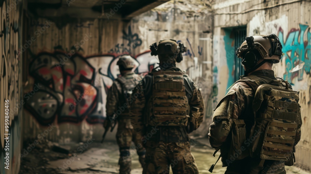 Three soldiers in tactical gear navigate through a dimly lit, graffiti-covered urban environment with a focused and alert demeanor. Three soldiers in tactical gear navigate through a dimly lit, graffiti-covered urban environment with a focused and alert demeanor.