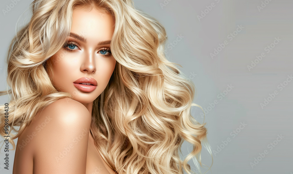 Fototapeta premium Lovely beauty fashion model with make-up, clear skin and blond long shiny wavy hairstyle. Hair care, coiffure and cosmetic concept