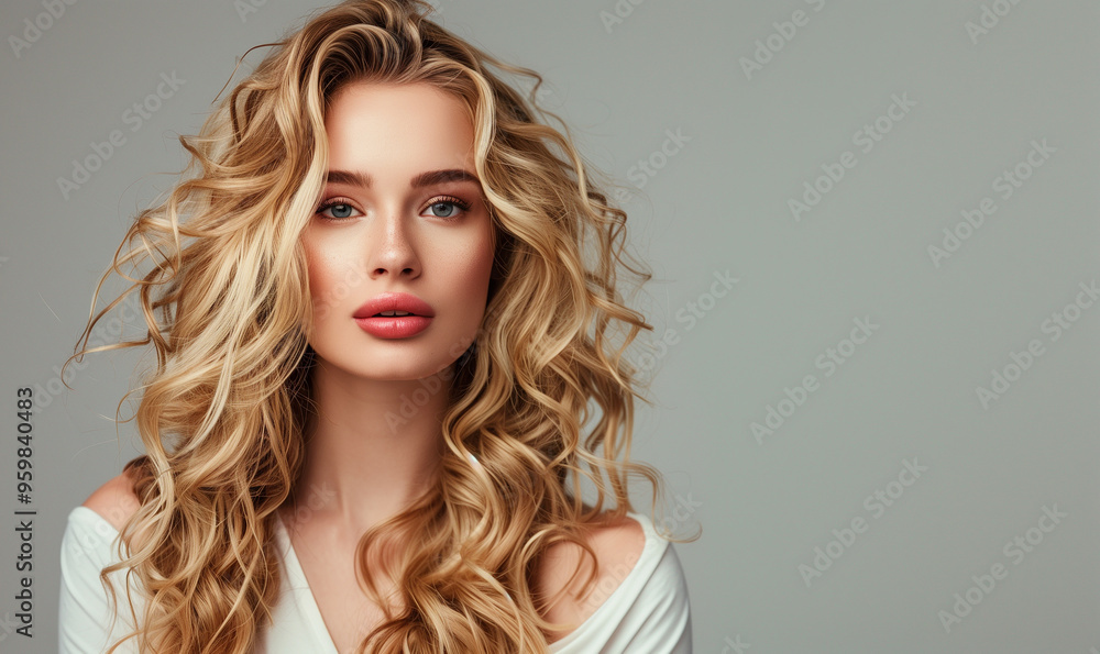 Nice beauty fashion model with make-up, clear skin and blond long shiny wavy hairstyle. Hair care, coiffure and cosmetic concept Nice beauty fashion model with make-up, clear skin and blond long shiny wavy hairstyle. Hair care, coiffure and cosmetic concept