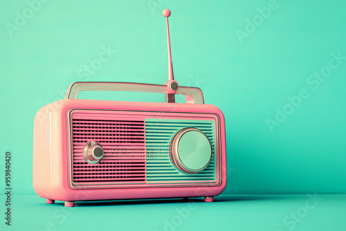 Vintage retro radio on a turquoise background  photo