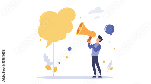 Communication or PR, Public Relations manager to communicate company information and media, announce sales or promotion concept, businessman holding speech bubble balloons while talking on megaphone.