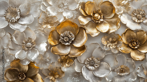 Gold and silver metallic flowers, luxurious floral texture with 3D petals