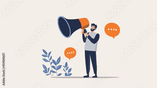 Communication or PR, Public Relations manager to communicate company information and media, announce sales or promotion concept, businessman holding speech bubble balloons while talking on megaphone.