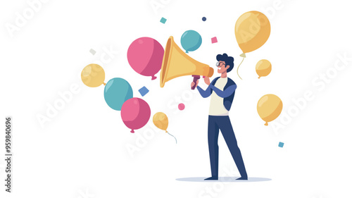 Communication or PR, Public Relations manager to communicate company information and media, announce sales or promotion concept, businessman holding speech bubble balloons while talking on megaphone.