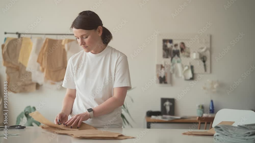 Charming Caucasian female cleaning up table after multiple tries. Stacking all failed attempts and getting ready to start sewing pieces together. Prepared fabric material hanging on wall in background Charming Caucasian female cleaning up table after multiple tries. Stacking all failed attempts and getting ready to start sewing pieces together. Prepared fabric material hanging on wall in background