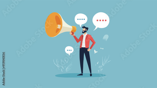 Communication or PR, Public Relations manager to communicate company information and media, announce sales or promotion concept, businessman holding speech bubble balloons while talking on megaphone.