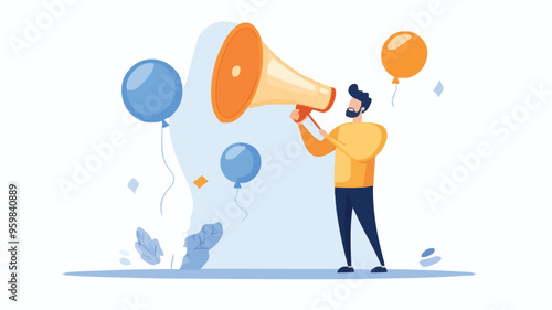 Communication or PR, Public Relations manager to communicate company information and media, announce sales or promotion concept, businessman holding speech bubble balloons while talking on megaphone.