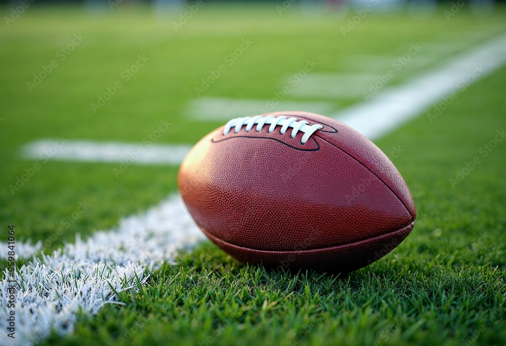 Close-up of an American football on a green field, highlighting texture and field lines.
Close-up of an American football on a green field, highlighting texture and field lines.