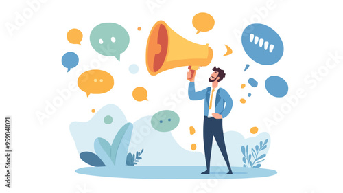 Communication or PR, Public Relations manager to communicate company information and media, announce sales or promotion concept, businessman holding speech bubble balloons while talking on megaphone.