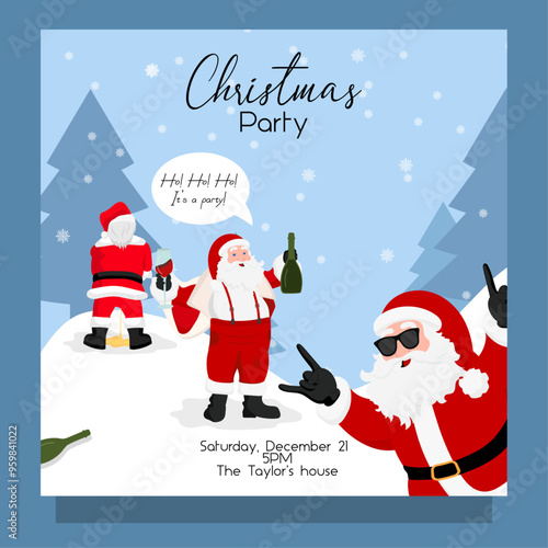 Three Santa Claus card invitation. Santa reeing, Santa drinking, Santa rock and roll