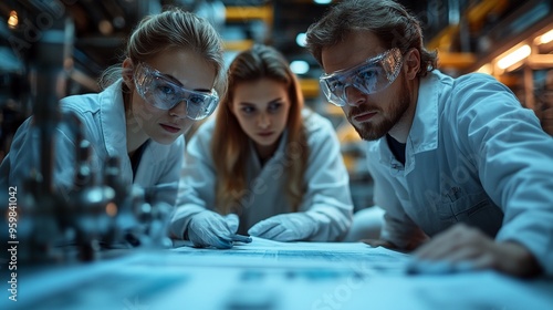 The Blueprint of Innovation: Three dedicated scientists wearing lab coats and safety glasses meticulously examine blueprints, their focused expressions reflecting the intensity of their research in a 